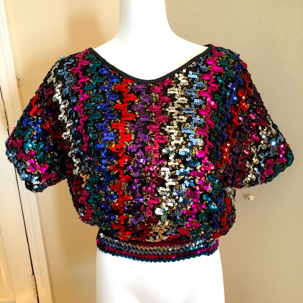 Vintage Sequin Top Medium 70s Disco USA Black with multi color sequins pink red